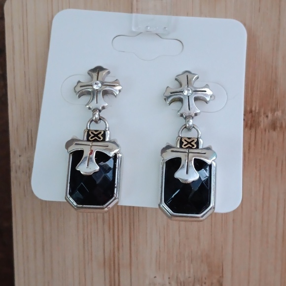Silver Tone Cross Black Onyx Dangle Earrings - Picture 4 of 6